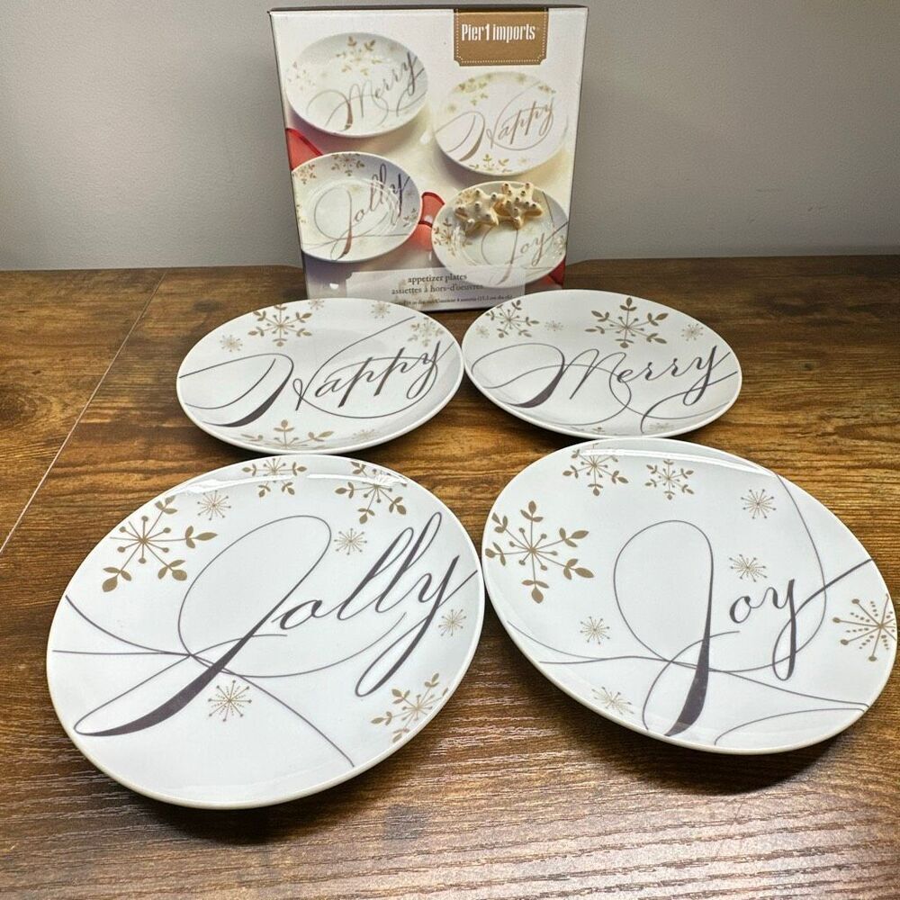 Pier 1‎ Imports appetizer plates Holiday Wishes set of 4 Original Box Porcelain